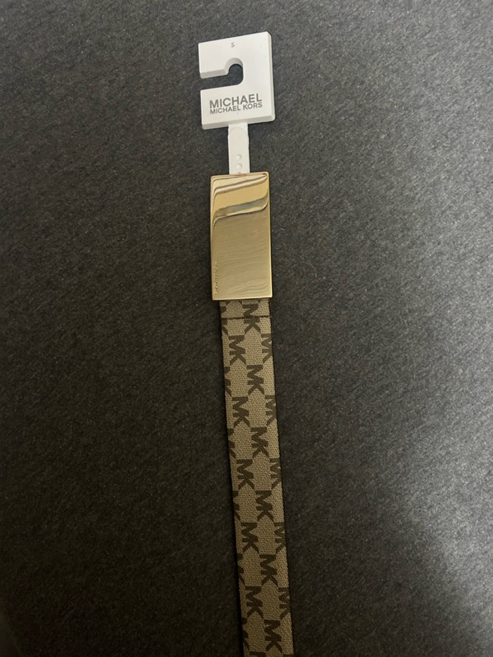 Michael Kors Women’s Tan/Brown Signature MK Logo Belt with Gold Buckle